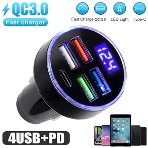 4 USB + Type-C Digital Voltage Display Fast Car Charger Adapter for iPhone Samsung Android Phones & Devices
