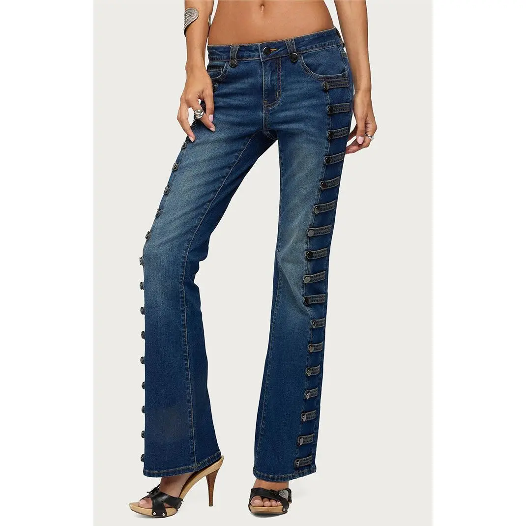 Edikted Women's Button Loop Low Rise Bootcut Jeans