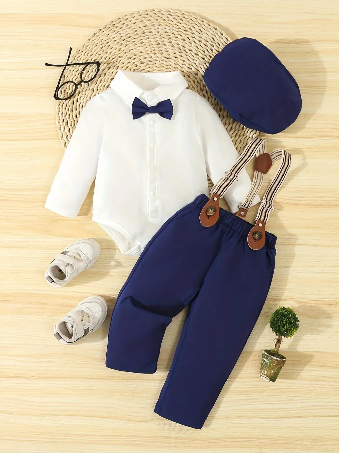 Three-Piece Set Baby Boy's Bow Decor Button Collar Bodysuit & Pocket Suspender Pants & Hat Set, Comfy Fashion Baby Boy Gentleman Suit for Party