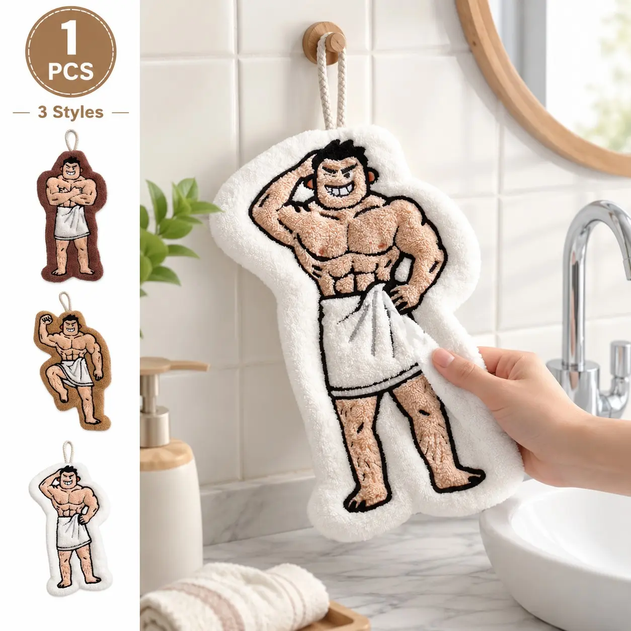 Funny Muscle Man Hanging Hand Towels for Bathroom, Soft Absorbent Plush, Cute Decorative Towel for Kitchen, Guest Washroom, Novelty Gift, 1 Pcs