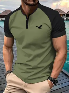Summer men's lightweight short-sleeve T-shirt with shoulder and sleeve cuff design, featuring an Henry shirt eagle print, suitable for travel and vacation, comfortable and versatile, casual outdoor sports men's base shirt