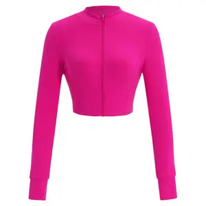 Women’s yoga sports cropped jacket with long sleeves, high elasticity fabric, tummy control and bust lift effect, stand collar design, breathable material, slim fit, suitable for gym workouts.