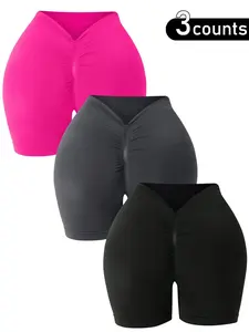 Women's Solid Color Ruched High Waist Sports Shorts, Medium Stretch Sporty Breathable Butt Lifting Yoga Gym Workout Leggings, Ladies Sportswear Clothing for Indoor Outdoor Wear, Athletic Shorts, Women Workout Clothes, Soft Stretch Shorts