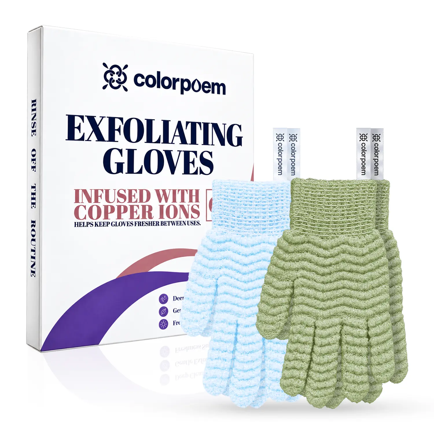 COLORPOEM Copper-Ion Infused Exfoliating Gloves, 2 Pairs Body Scrub Gloves for Shower & Bath, Dead Skin Removal, Deep Cleansing, Reusable Bath Gloves for Men & Women