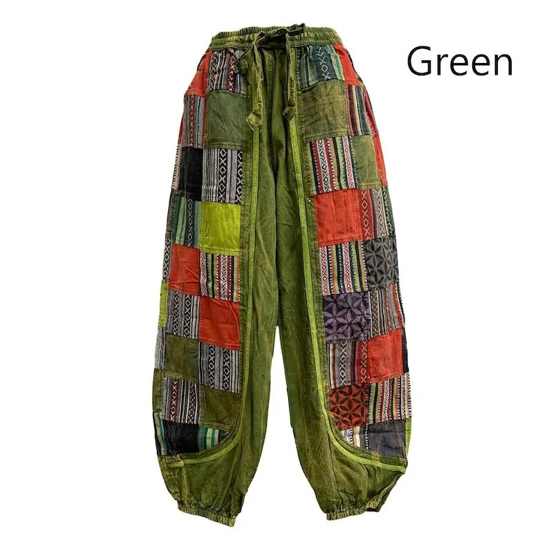 Unisex Handmade Hippie Style Pants Ethnic Gheri Patchwork Harem Festival Stonewashed Cotton W Pockets
