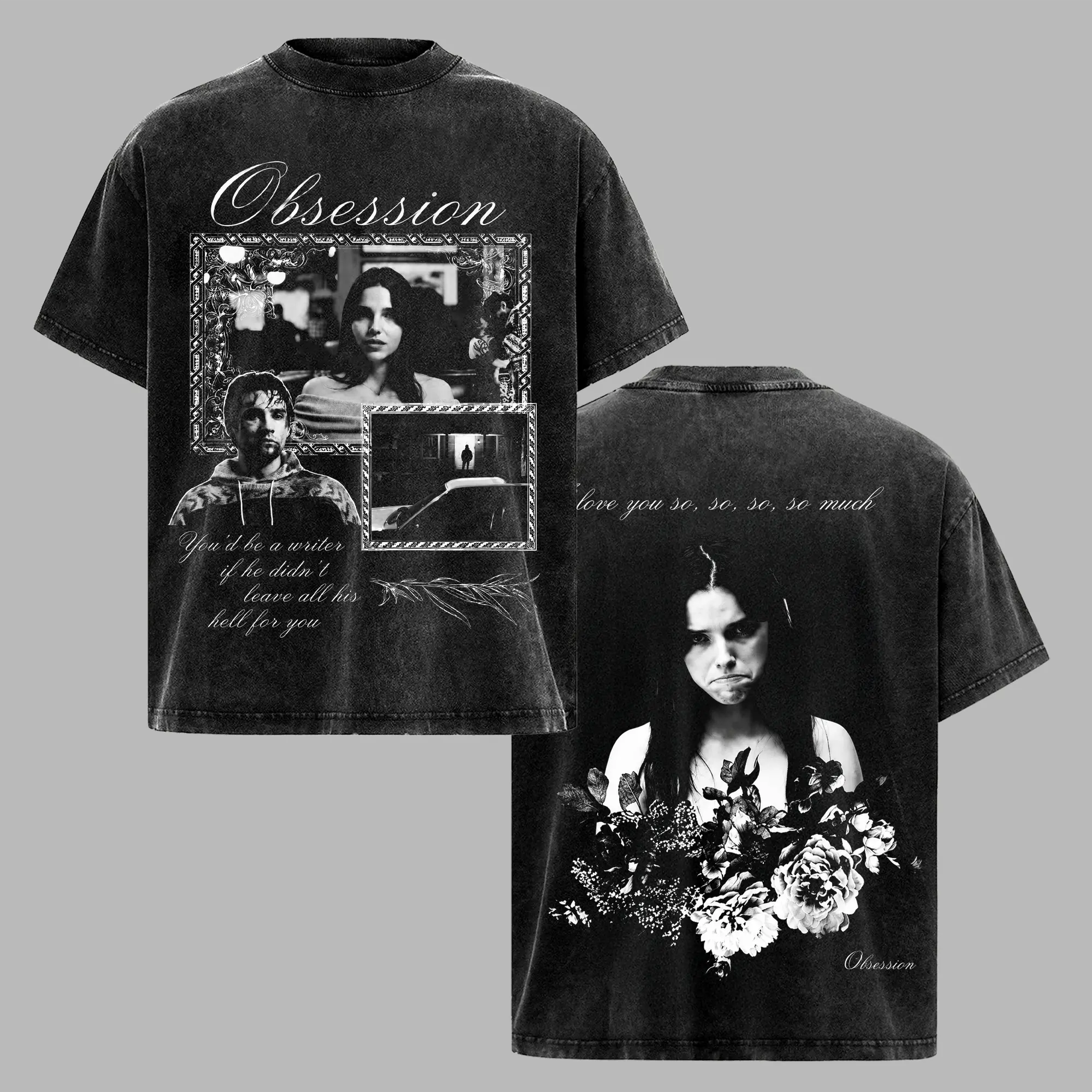 Obsession Dark Romance Graphic Tee, Vintage Black White Movie Collage Shirt, Gothic Floral Portrait T-Shirt, Moody Love Quote Streetwear Top, Retro Aesthetic Gift for Drama Fans