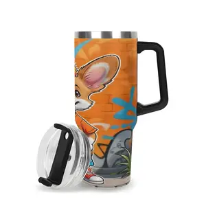 40oz Stainless Steel Tumbler with Straw & Transparent Lid, 1 Count Cartoon Fox Pattern Double Wall Vacuum Insulated Cup, Gift for Friend, Relative