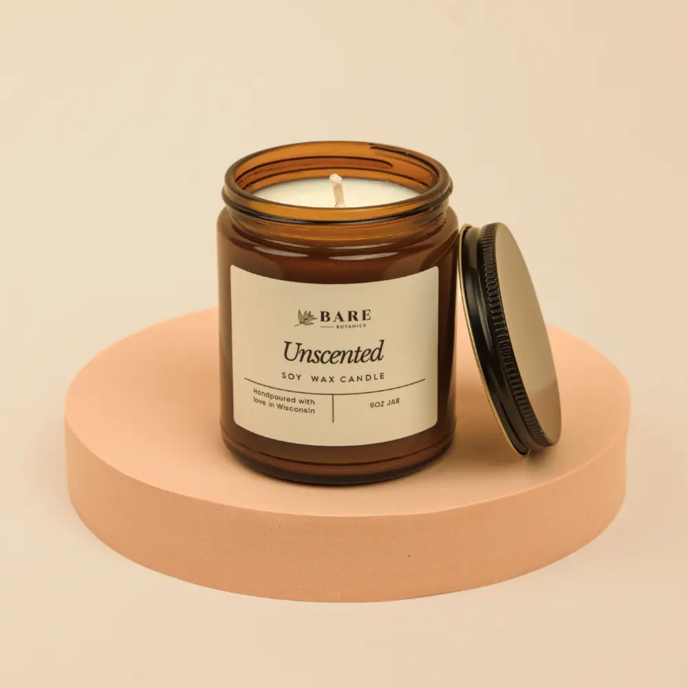 Bare Botanics 100% Plant-Based Unscented Soy Candle 9 oz, Non-Toxic Candle, No Fragrance Added, Handpoured with 40+ Hours Burn Time