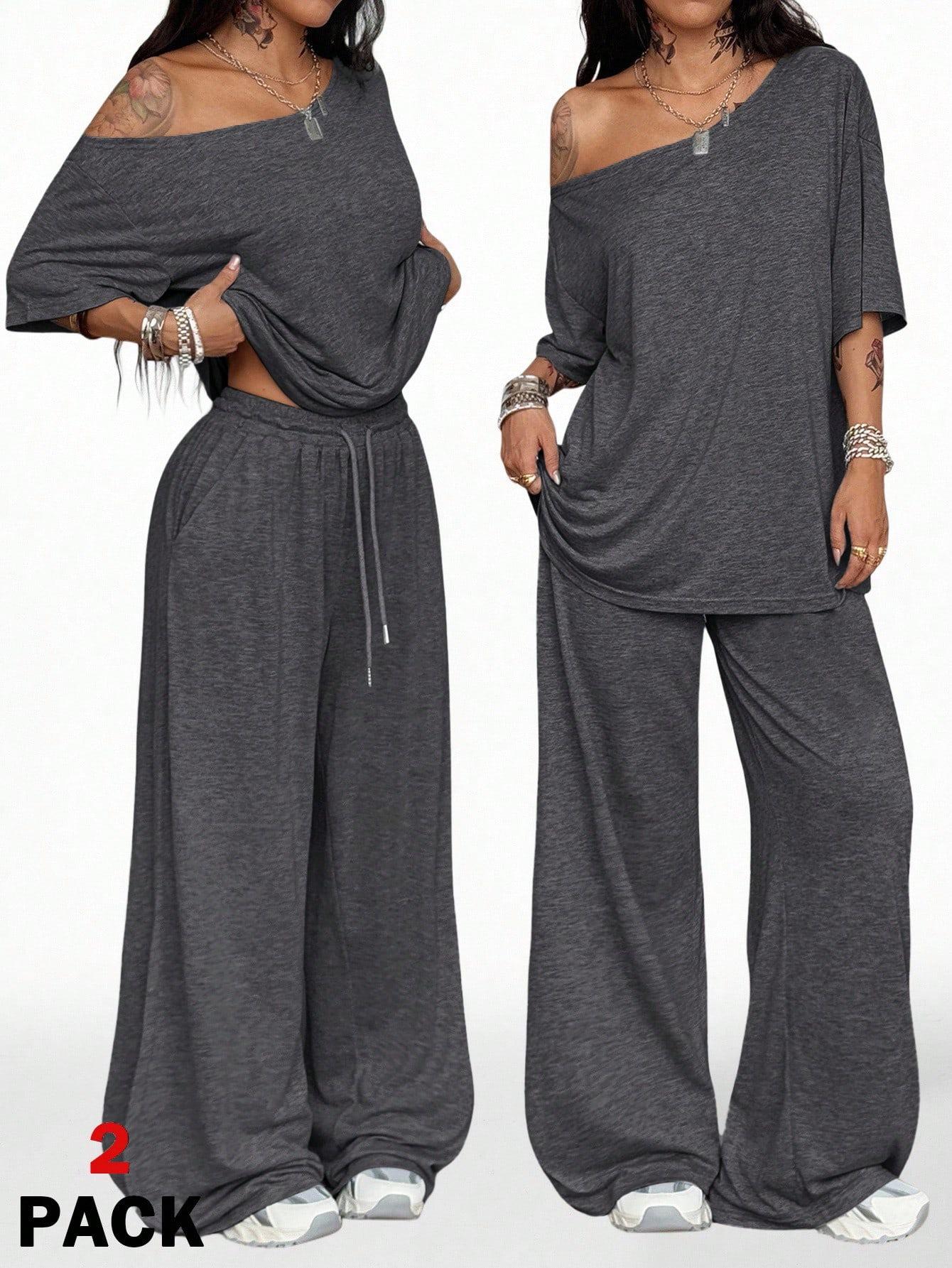 Women's Casual Solid Color Sport Two-Piece Set, Loose Long Pants & Wide Leg Slant Neck Pant Suit, Spring & Fall Fashion