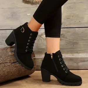 [Chunky Heel Short Boots] Women's Chunky Heel Short Boots, Fashion Lace Up Side Zipper Boots, Comfortable Ankle Boots