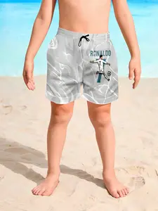 Ronaldo Football Beach Shorts with Ronaldo #7 Art Print, Casual Fitted Knee Length Swimwear, Drawstring Waist, All over Print