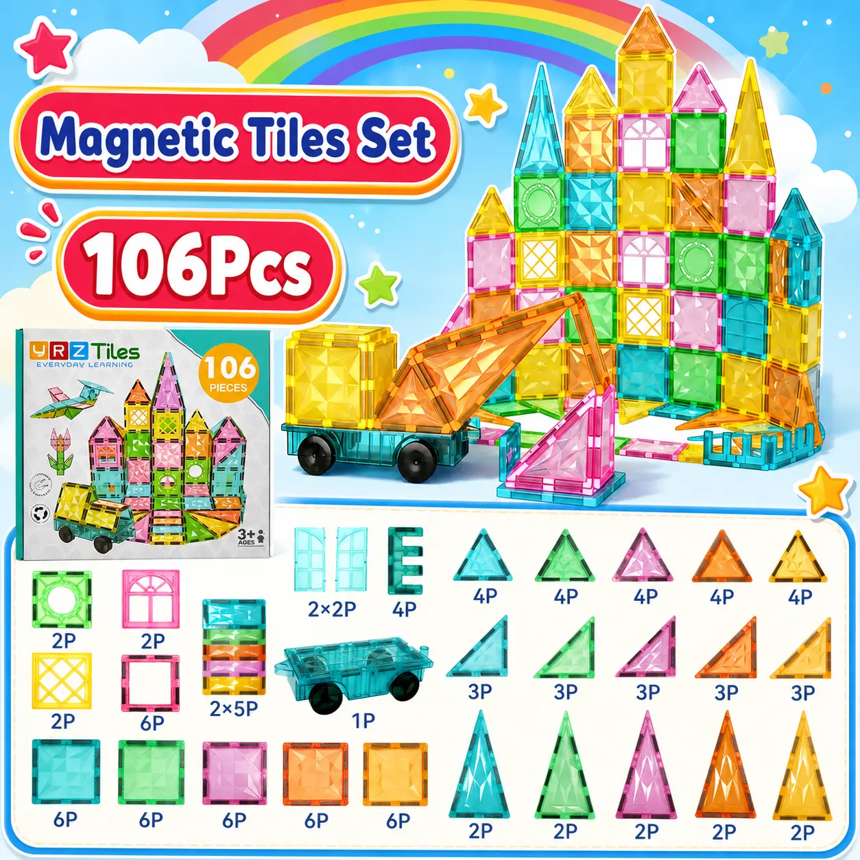 YRZTILES Kids' Magnetic Building Cubes Set 106PCS STEM Early Education Tiles, Creative Construction Blocks, Preschool Cognitive Learning Interactive Playset for 3-6 Year Olds