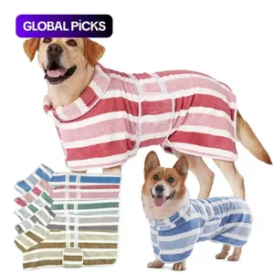 Super Absorbent Dog Towel Robe, Quick-Dry Striped Pet Drying Coat, Adjustable Belly Strap, Soft Warm Fleece Bathrobe for Small Medium Large Dogs