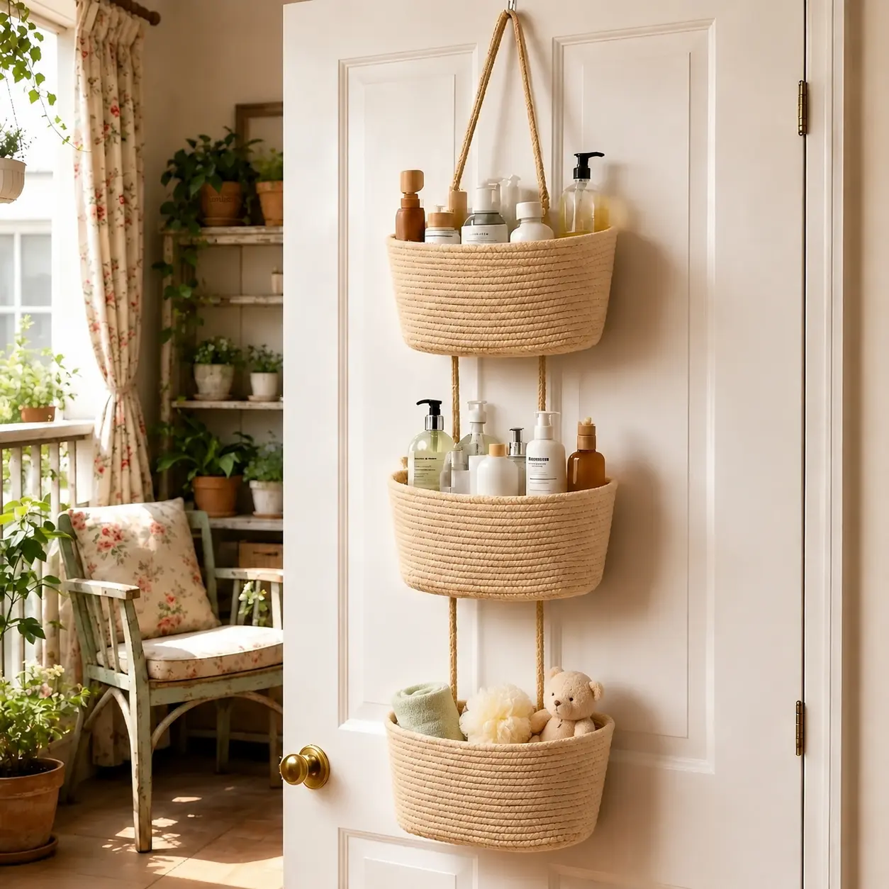 3-Tier Woven Cotton Over-the-Door Hanging Wall Basket, Jute Home Organizer Storage - Woven Cotton Feels Natural, Adds Warm Woven Charm to Any Room, Ideal for Dorm Back-to-School, Baby Wipes & Light Toys Storage, Storage Organizer