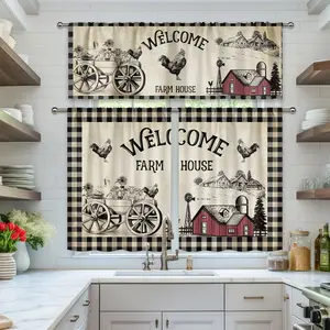 Farmhouse Kitchen Curtains with Gingham Check & Farm Motifs - Rustic Barn Doors, Rooster, Windmill & Wagon Wheel Design - Filtering Semi-Sheer Window Drapes for Country Cottage, Cafe, Dining Room Foldable Colorful Divider living Transparent Leaf