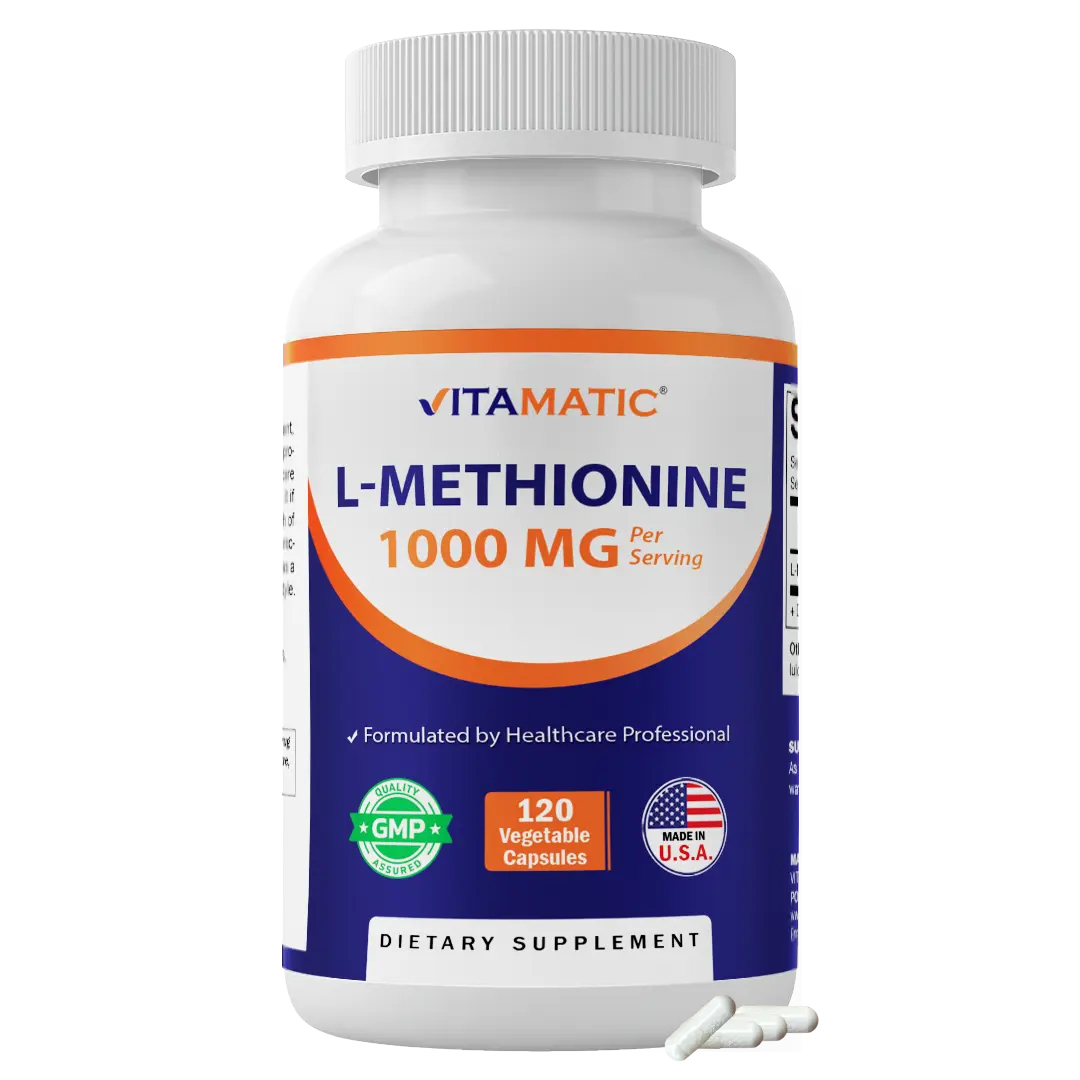Vitamatic L-Methionine Amino Acid Dietary Supplement - 1000 mg per Serving, 120 Vegetarian Capsules, 3.5 oz, Clean, Sugar-Free, GMP Certified, Unflavored, Non-GMO, Gluten-Free, Wellness Boost, 24 Months Shelf Life, 45 to 60 Day Supply