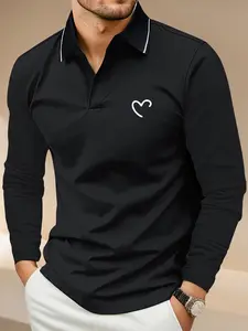 Men's POLO shirt long-sleeved T-shirt lapel polo shirt retro versatile classic heart print men's daily outing casual sports light business running suit top