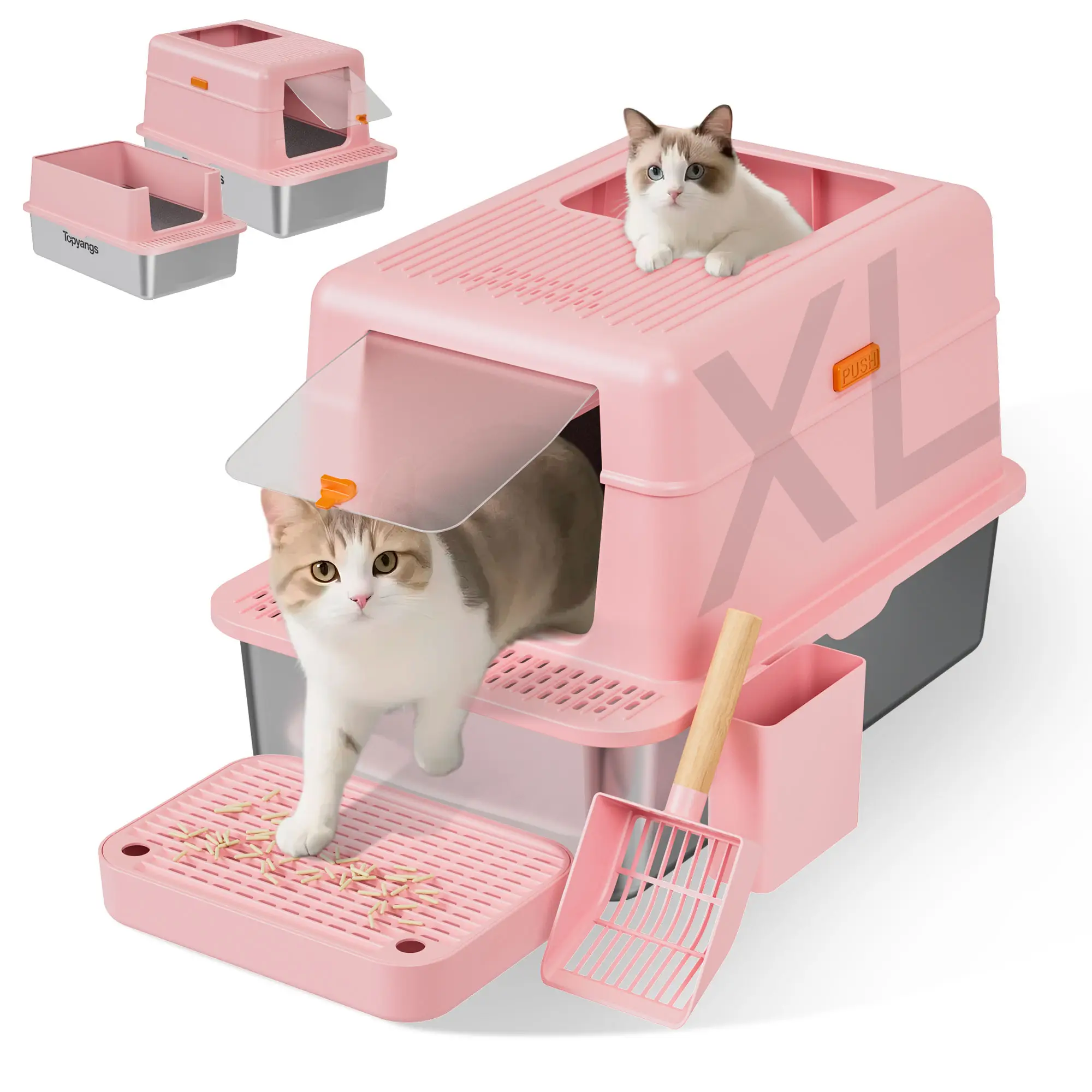 TOPYANS Large Stainless Steel Cat Litter Box (With Lid) Features a high-sided, enclosed design for leak prevention and easy cleaning, suitable for kit