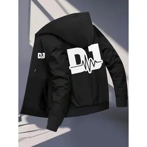 Bmuvlss Men's Slim-Fit DJ-Themed Bomber Jacket with Music Note & DJ Logo Print, Full-Zip Hooded Coat, Machine Washable Winter Outerwear for DJs, Music Producers & Casual Wear (Grey/Black)