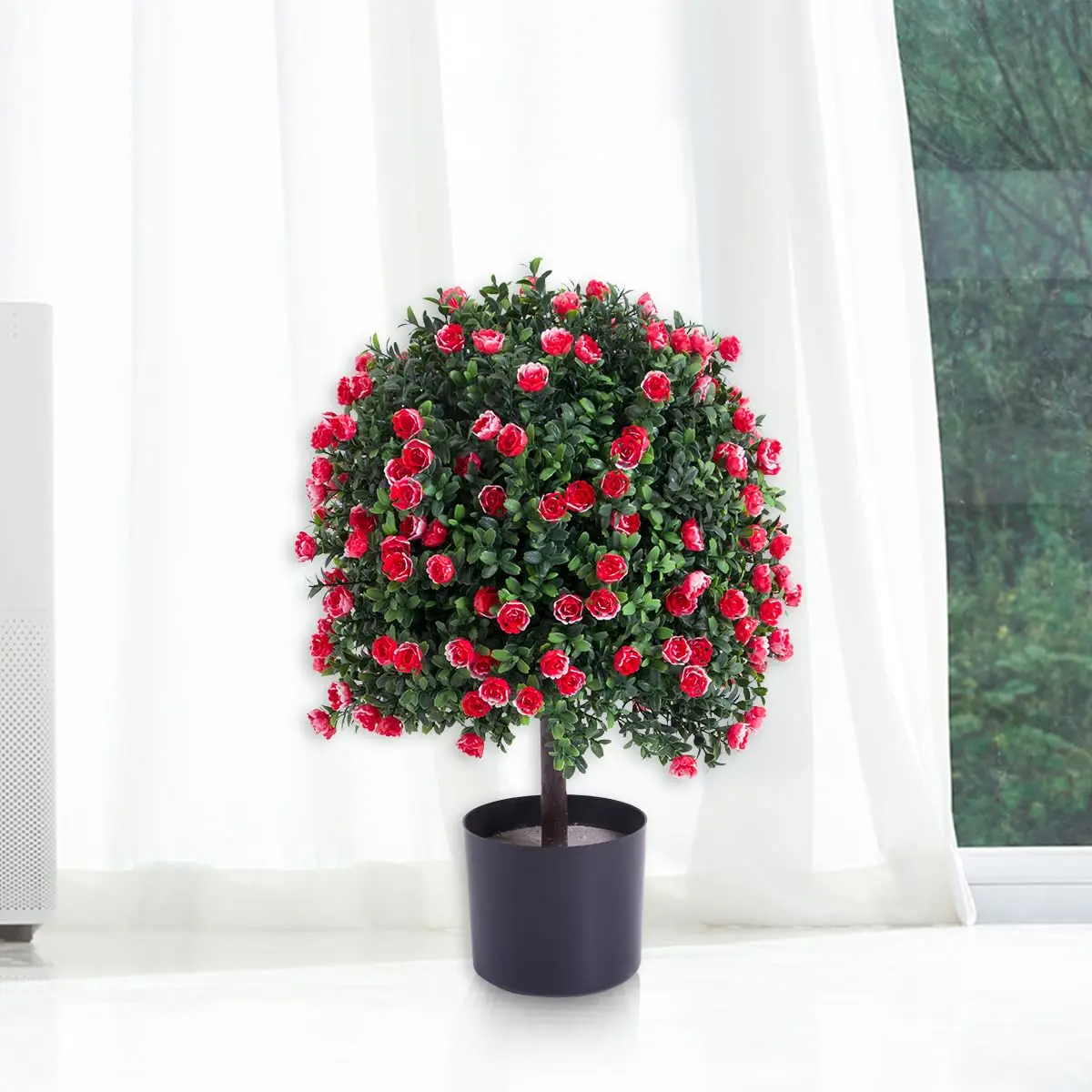 21.6" Artificial Rose Topiary Ball Tree in Pot - UV Resistant Faux Potted Plant for Indoor & Outdoor Porch Decor - Premium PE Material, No Maintenance