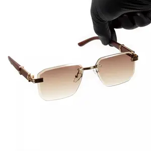 Men's Rimless Gold Frame Brown Gradient Tint Hip Hop Woodgrain Sunglasses