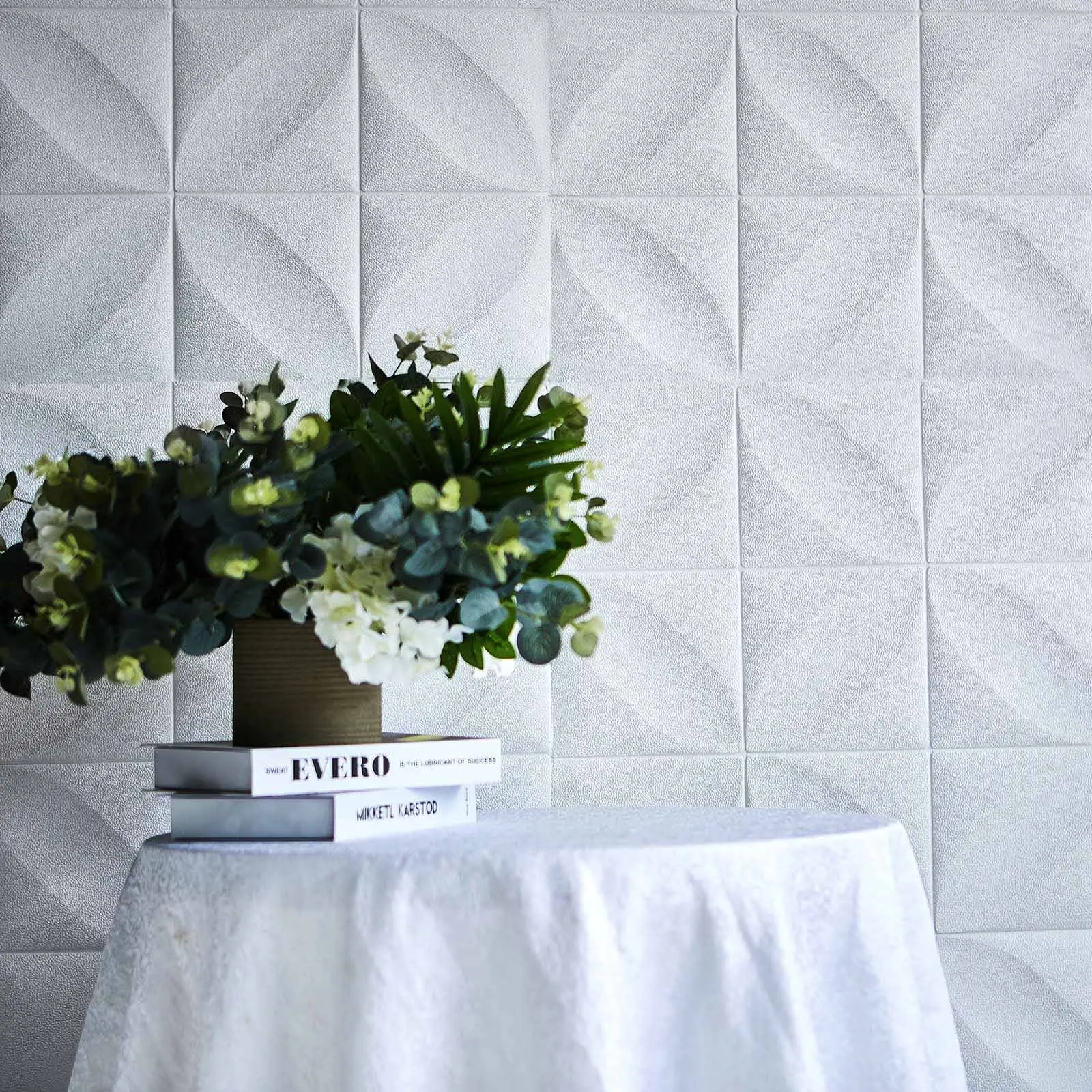 10-Pack 3D Geometric White Diamond Design Self-Adhesive Foam Wall Panels, 52 Sq Ft Easy-Peeling Self Adhesive Wallpaper for Home Improvement