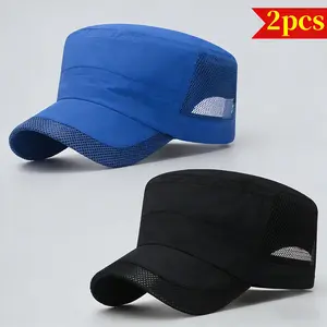 2PCS-Men's Lightweight Breathable Mesh Flat-Top Caps Set of 2 Quick-Drying Summer Sun Protection Hats Snapback Trucker Hats Sports Hat Tennis Cap