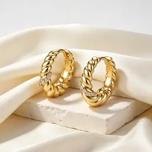 Aurem 14K Gold Plated Twisted Rope Hoop Earrings, Chunky Croissant Huggie Earrings with Zirconia Accent, Hypoallergenic Non-Tarnish Jewelry