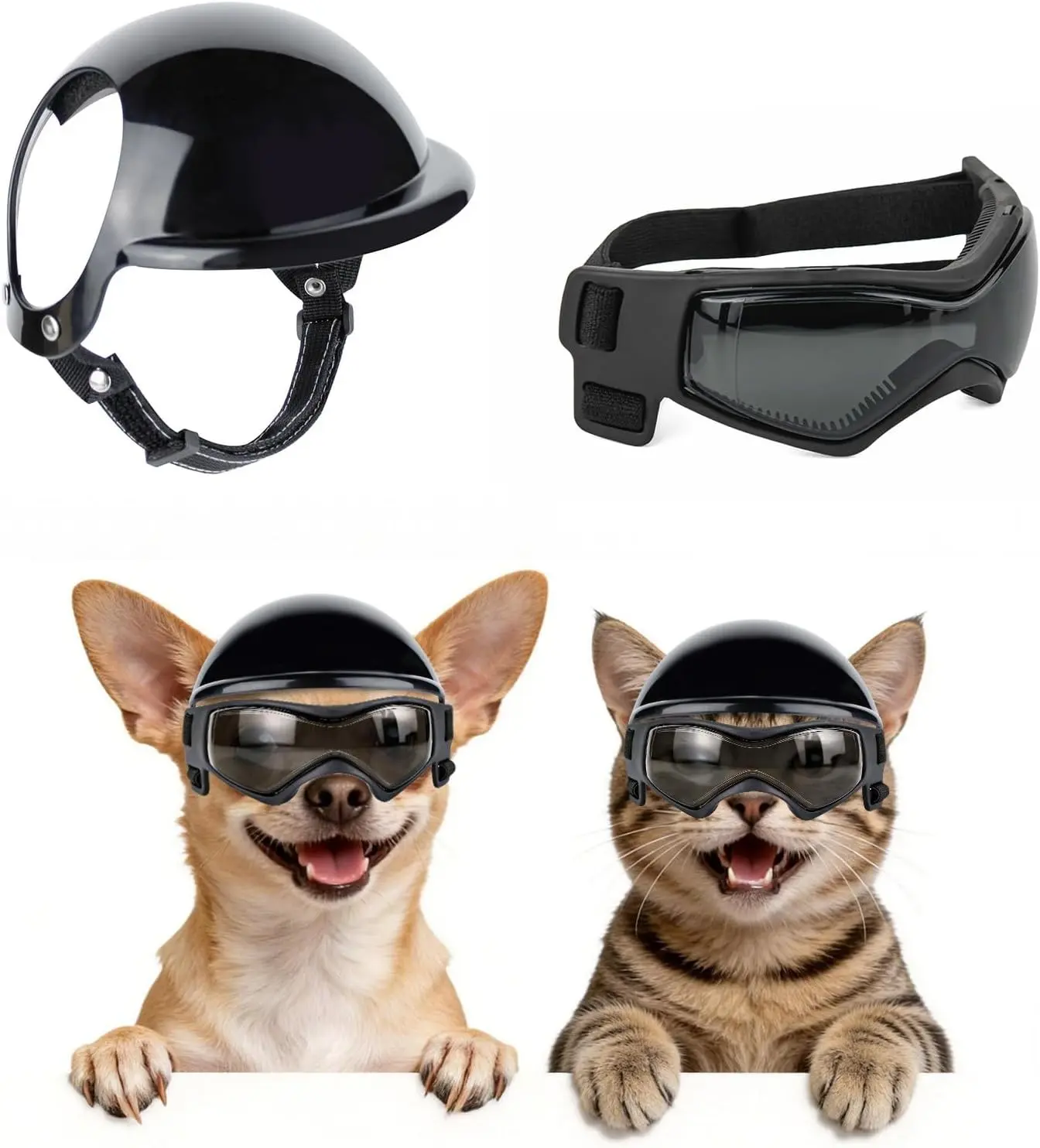 Extra Small Dog Helmet and Dog Goggles Set, XS Pet Safety Hat with Ear Holes, Anti-UV Pet Sunglasses, Head & Eyes Protection for Puppy and Adult Cats, Black