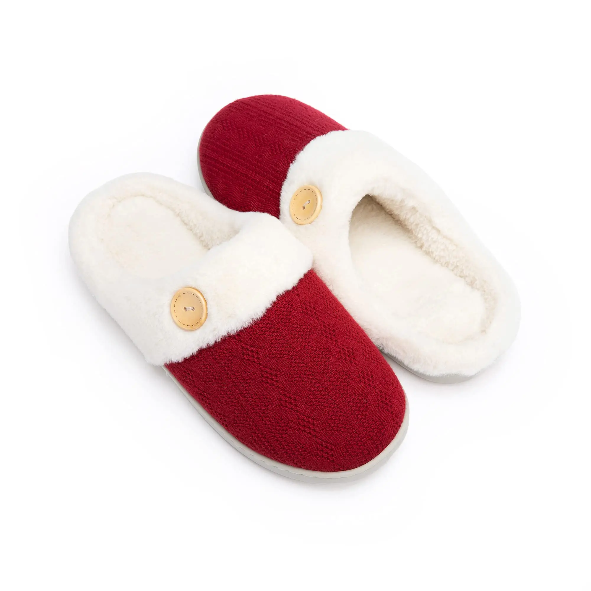 Red Womens Slippers with Memory Foam - Warm Comfy Faux Fur Lined House Shoes, Knitted Upper & Anti-Skid Rubber Sole for Indoor Outdoor Cozy Wear