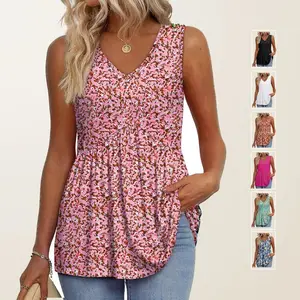 Women's V Neck Flowy Tank Tops Summer Sleeveless Peplum Blouse | Boho Print & Solid Babydoll Shirt, Tummy Control Casual Streetwear (Size Up 1-2 for Oversized Look)