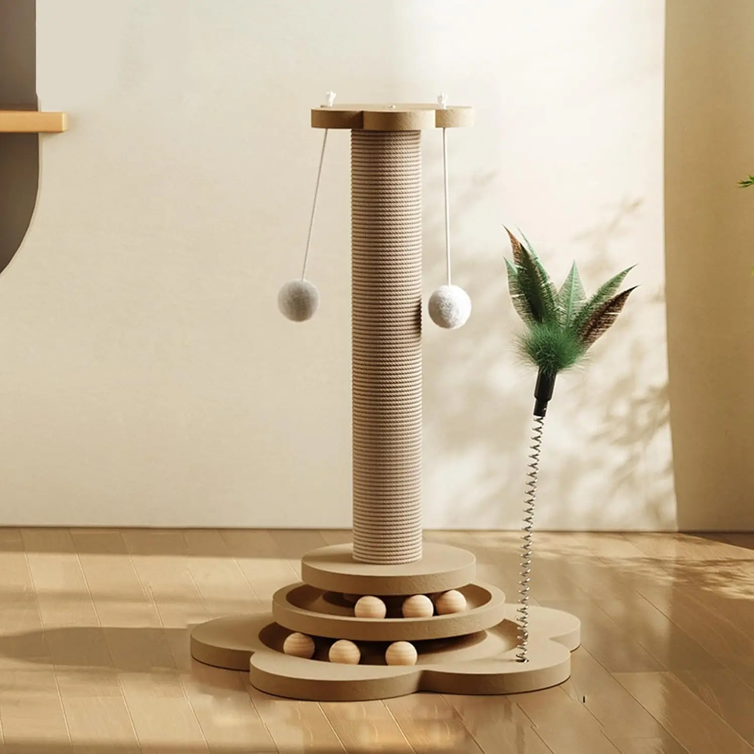 Natural Sisal Scratcher Sisal Scratching Post - Wooden Indoor Cat Climbing Structure with Interactive Turntable Toy, Durable Multi-Functional Cat Furniture, Pet Play & Exercise Supply, Sisal Scratching Posts