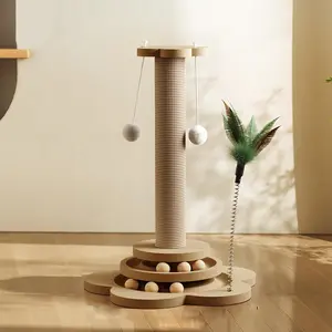Natural Sisal Scratcher, Wooden Cat Climbing Structure with Interactive Turntable Toy, Durable Multi-Functional Indoor Cat Furniture - Pet Play & Exercise Supply