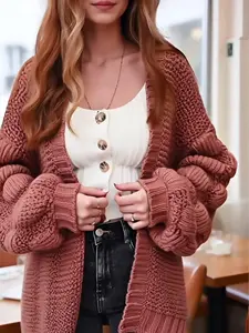 Boho Women's Oversized Chunky Knit Cardigan - Long Wrap Sweater with Pom Poms, Lightweight Fall Jacket Plus Size, Casual Vintage Chic Fashion, Loose Fit, Cozy Bohemian Elegance, Deer Hair Velvet Blend, Golden Yellow, S-XXL - Knitwear