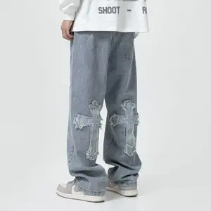 High Street Cross Patch Jeans Men's Trendy Brand Hip-hop Handsome Street Straight Loose Wide-leg Trousers Blue Casual baggy pants