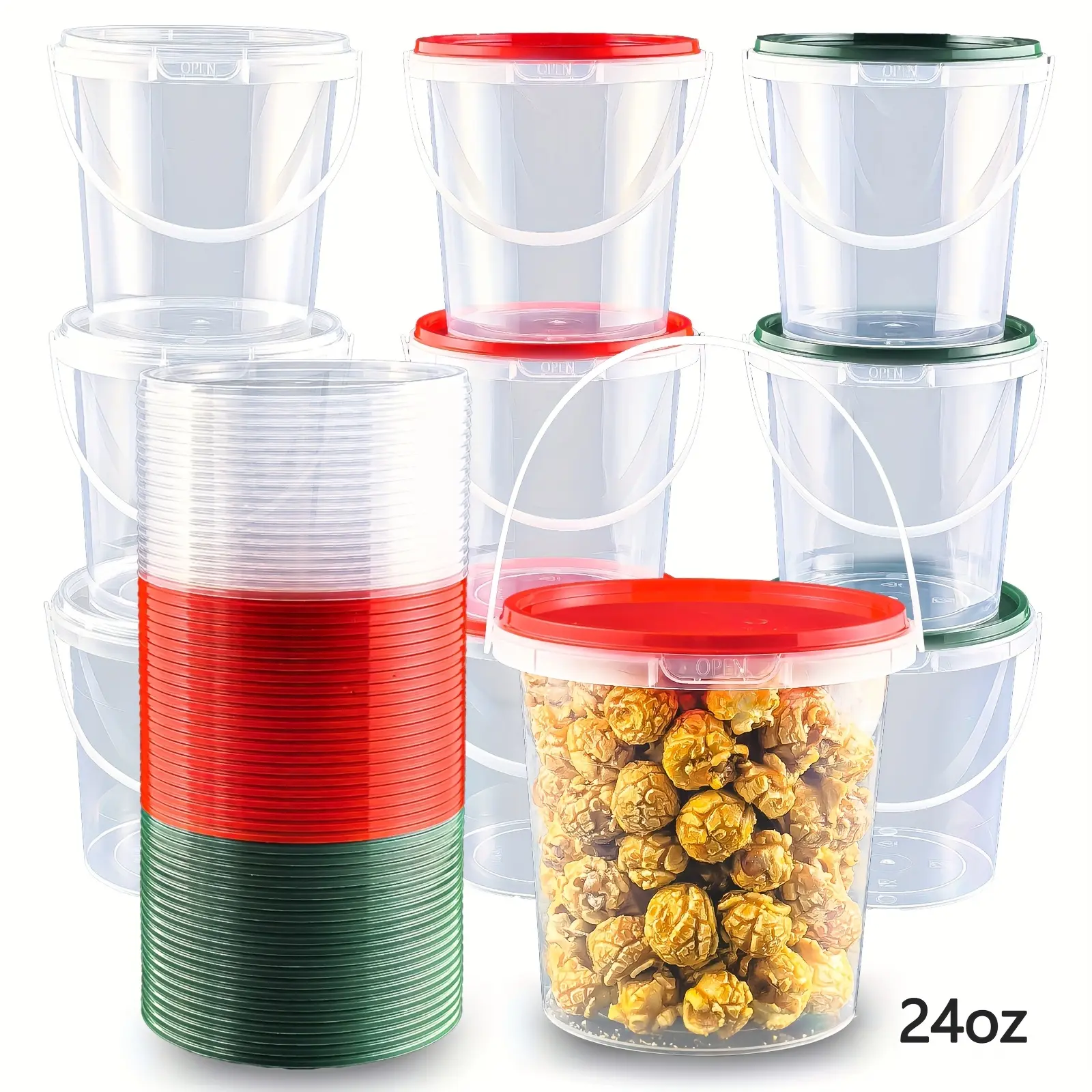 20-Piece 25oz Polypropylene Kitchen Storage Buckets with Clip-On Closure Lids, Transparent Cylindrical Canisters, Microwaveable Color-Coded Holders for Christmas Party Supplies