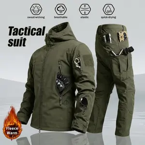 Men’s new thick fleece two-piece set featuring a windproof jacket and hooded sweatshirt, designed for autumn and winter, with multiple pockets, stretch fabric, and thermal insulation—ideal for hiking, skiing, fishing, and outdoor activities. Tactical styl