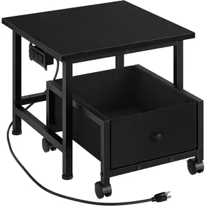 Mini Fridge Stand with Non-Woven Storage Basket and Power Outlet, Mini Fridge Cabinet with Wheels and Adjustable Feet, Mobile Fridge Shelf, for Home, Apartment, Dorm, Black BB355UBX01