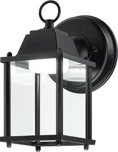 Outdoor LED Wall Lantern, Wall Sconce as Porch Lighting Fixture, 5000K Daylight White, 9.5W 800 Lumen, Aluminum Housing Plus Glass, Black Finish, 1-Pack