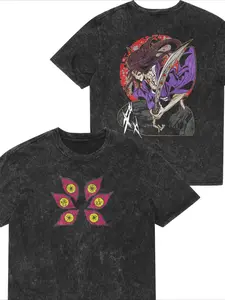 Devil Killer Kokushibo T-shirt, Washed T-shirt, Anime and Manga Costume, Men's and Women's Summer Casual Sports Loose and Comfortable Round Neck Short Sleeved Fashionable Top
