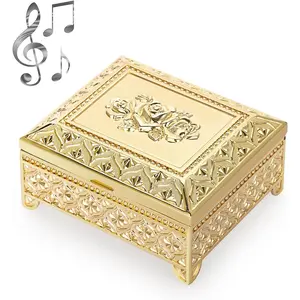 Vintage Box, Gold Musical Jewelry Box Keepsake Box, Rose Pattern Small Trinket Jewelry Box Gift for Girl (Tune: You are My Sunshine)