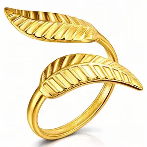 18k Gold-Plated Steel Leaves Ring, Jewelry Accessory Gold Ring