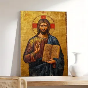 1pc Wood Framed Christ Holding Gospel & Bible Wall Art - Classic Religious Canvas Print with Golden Background, Vertical Hanging Christian Icon for Home Decor, Easter Women's Gift