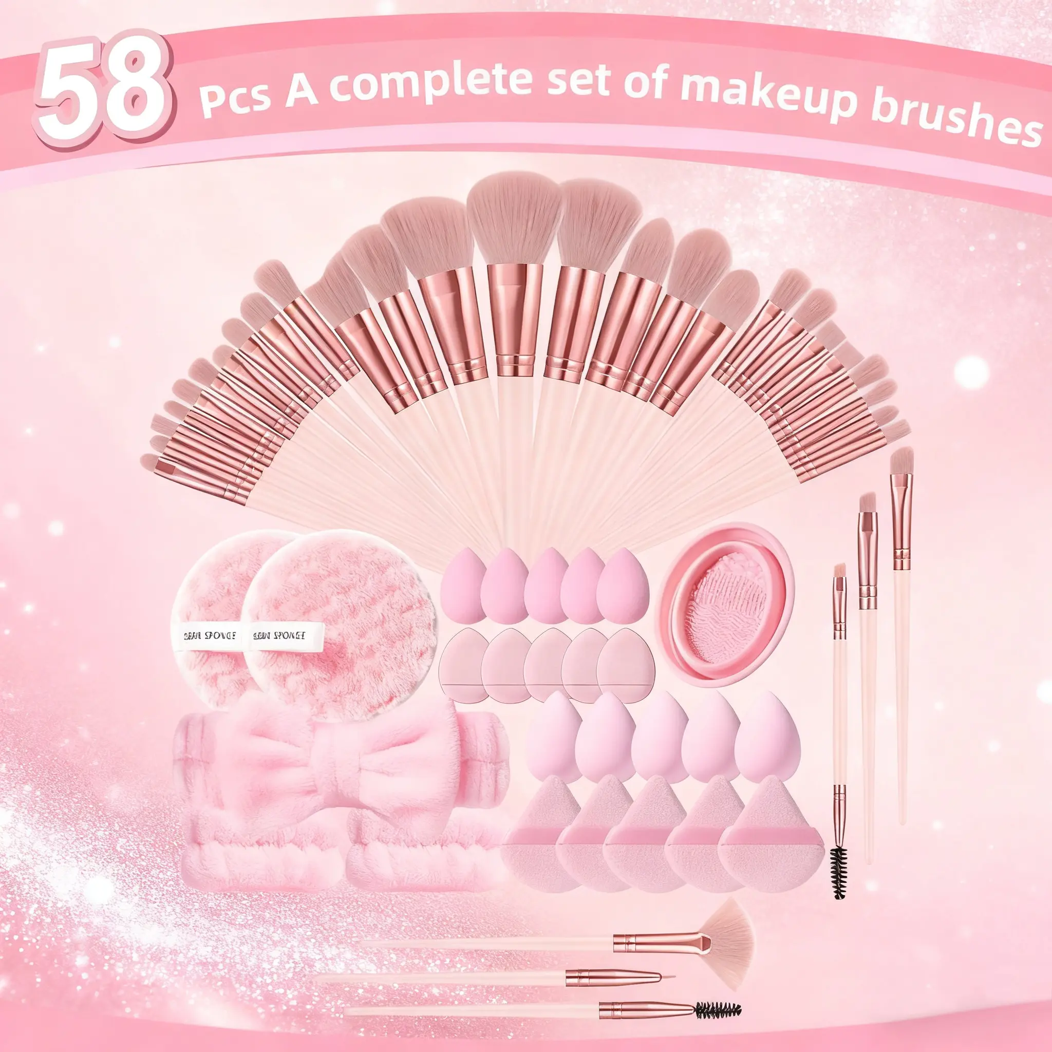 58pcs Face Makeup Tools Set,32pcs Makeup Brushes&Hair Strap&2pcs Wrist Strap&5pcs Large Makeup Sponge Powder Puff&5pcs Fan Powder Puff&5pcs Mini Makeup Sponges&5pcs Thumb Powder Puff&2pcs Face Wash Powder Puff&Brush Bowl