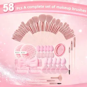 58pcs Face Makeup Tools Set,32pcs Makeup Brushes&Hair Strap&2pcs Wrist Strap&5pcs Large Makeup Sponge Powder Puff&5pcs Fan Powder Puff&5pcs Mini Makeup Sponges&5pcs Thumb Powder Puff&2pcs Face Wash Powder Puff&Brush Bowl