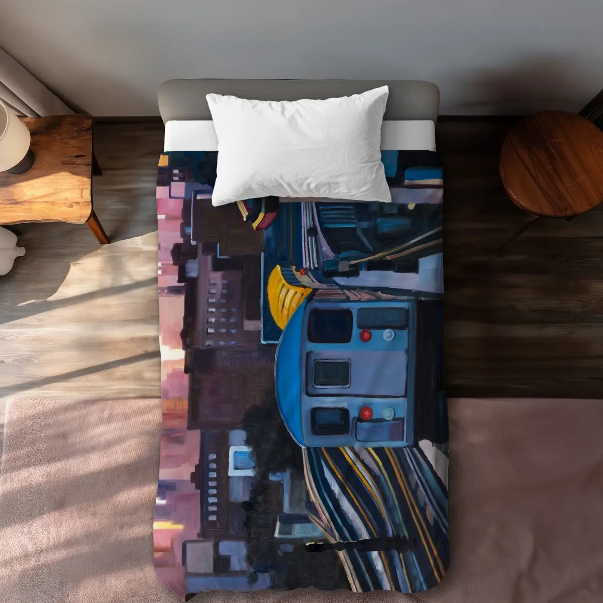 360 stand Twin Extra Long Duvet Cover, York Theme Printed Face, Soft Fabric, Sunset Over the Subway Design, Orange Places Pattern, City Print, Bedding Cover, Modern Art