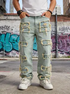 SRETOUU Men’s Vintage Light Wash Distressed Patchwork Baggy Jeans Heavy Ripped Denim Pants Streetwear Full-leg Frayed Details Comfortable All-day Wear - Fabric, Menswear