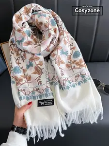 Boho Style Plant Embroidery Double Sided Paisley Scarf, Casual Soft Warm Fringe Trim Floral Embroidered Shawl for Women & Men, Fashion Accessories for Daily Wear