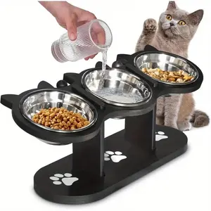 15°-Angled Stainless Steel Elevated Cat Bowl, Adjustable Pet Feeding Stand with 3 Stainless Steel Bowls, Spill-Proof Black Wooden Base, Suitable for Cats and Small Dogs