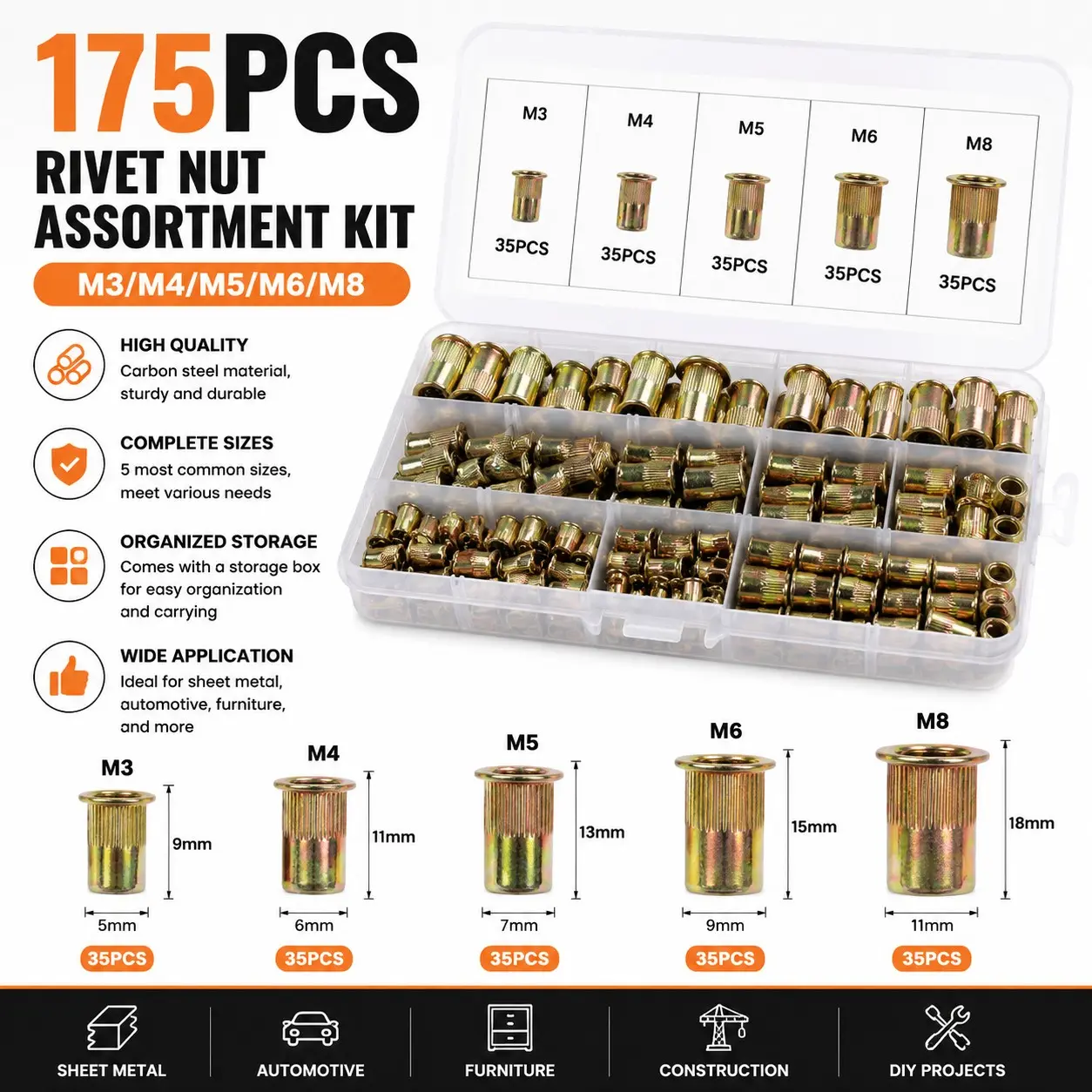175 pieces of M3/M4/M5/M6/M8 nut rivet core repair tools, portable rivet nut tool kit, flat head nut rivet gun kit, hardware, tools and small tools, manual tools, toolbox, Hand Tools